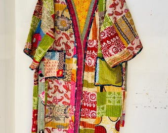 Kantha Patchwork Kimono Jacket – Vintage Quilted Cotton Boho Robe