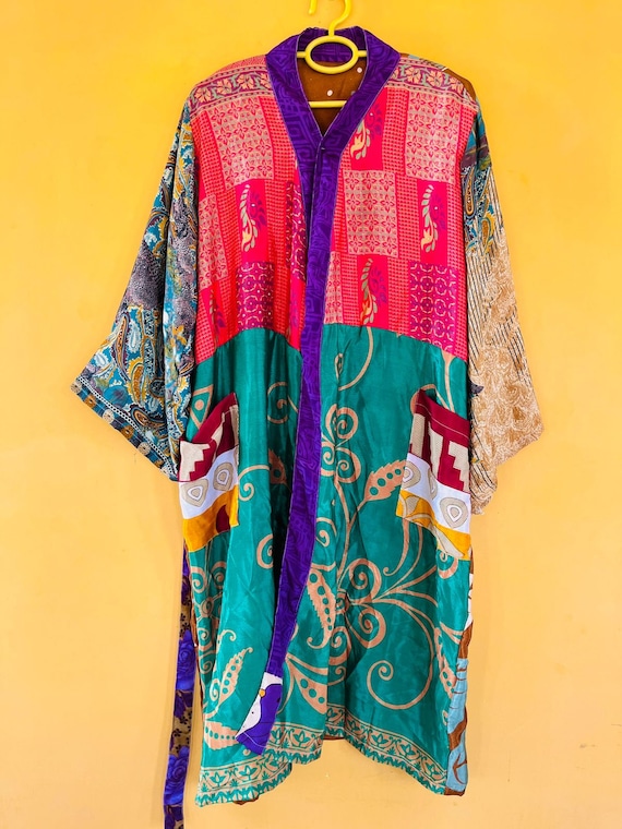 Vintage Boho Silk Kimono Robe: Patchwork Sari, Be… - image 6