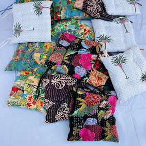 Handmade Kantha Chair Cushion with Ties: Assorted Comfy Kitchen Pads