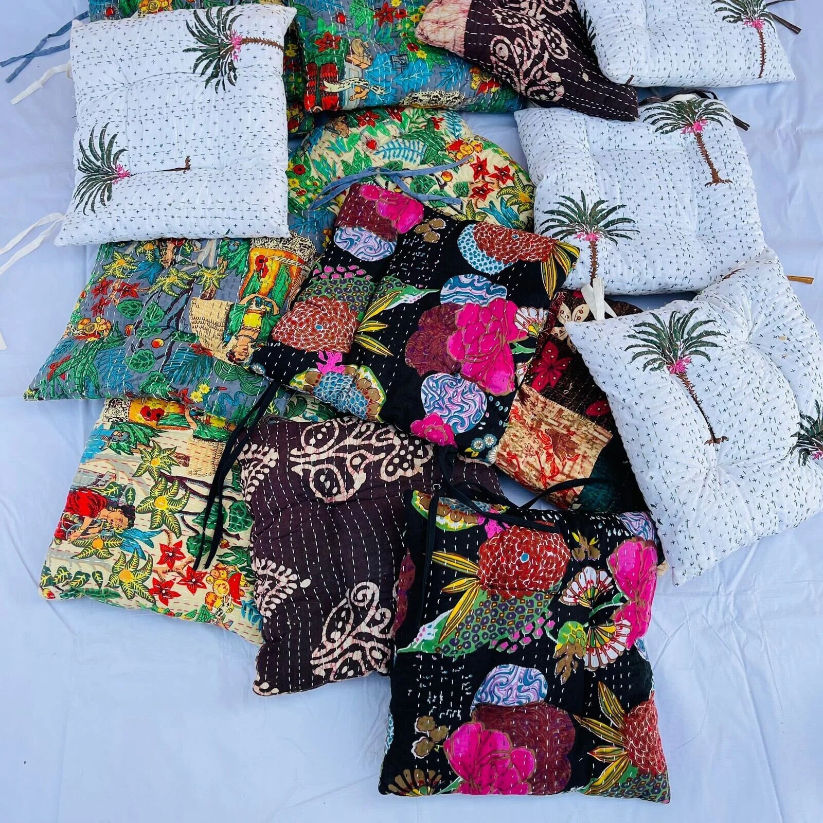 Handmade kantha Assorted Chair Cushions With Ties, Dining Kitchen Comfy Chair Pads, Indoor Floor Cushion, CUSTOMIZED kantha chair pad,gift