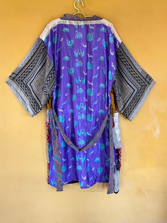 Boho Vintage Silk Saree Kimono Robe, Sustainable … - image 2