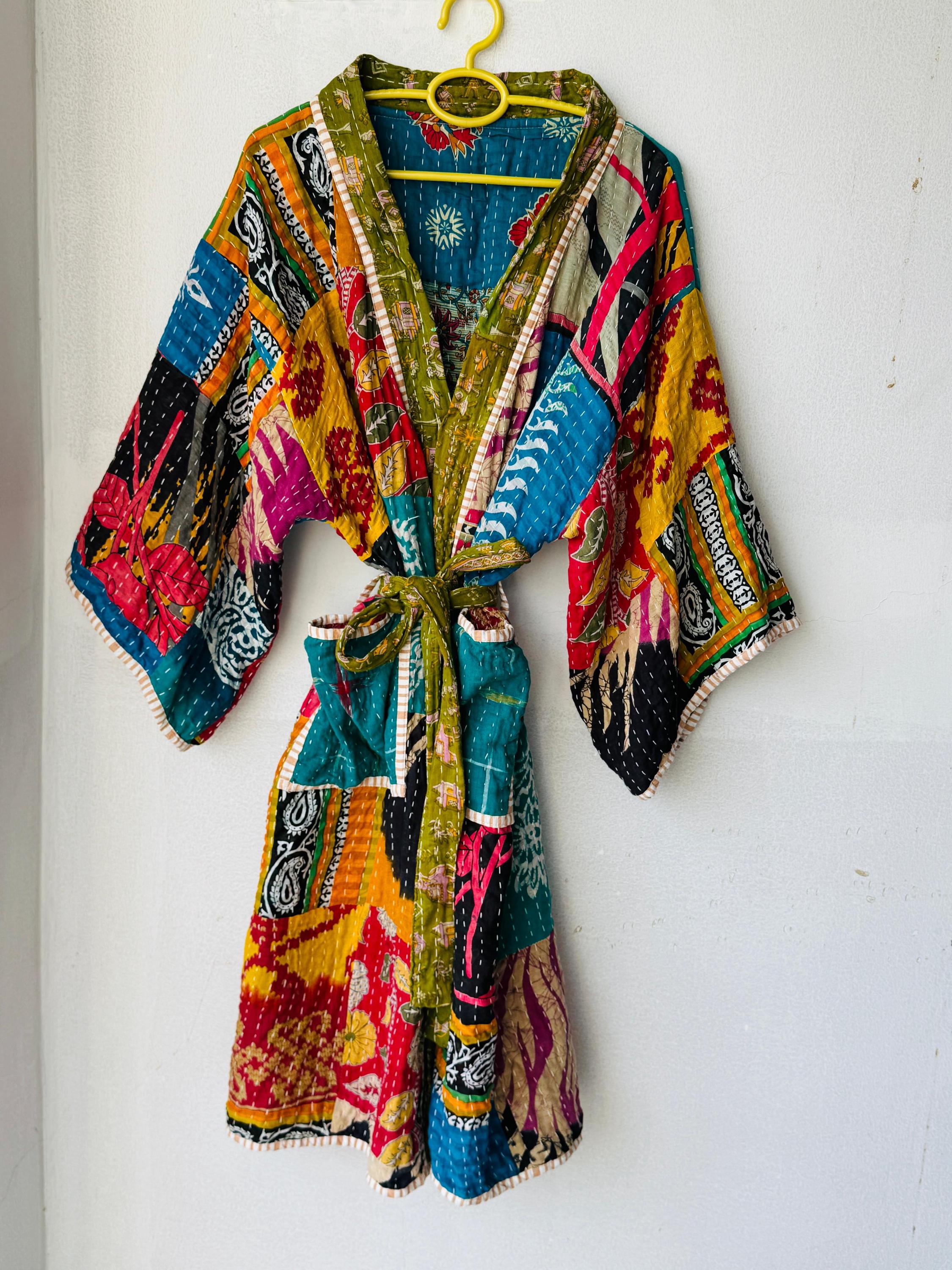 Kantha Robe Bohemian Kantha Cotton Robe: Handmade Quilted Kimono Jacket - Etsy
