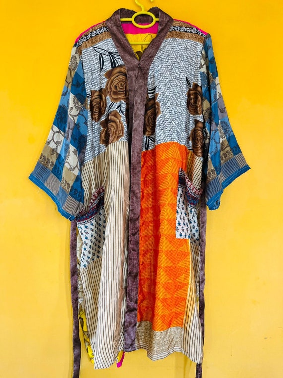 Vintage Boho Silk Kimono Robe: Patchwork Sari, Be… - image 8
