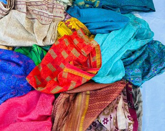 2 pure Silk Sari bundle bright colours Recycled Boho Fabric full silk saree crafting