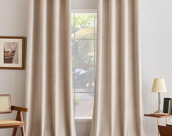 Set of 2 Beige Plain Velvet Eyelet Door Curtains with pom pom Lace,Excellent Quality,Custom Size,Window Curtain Panel,Drapery,Dining Curtain