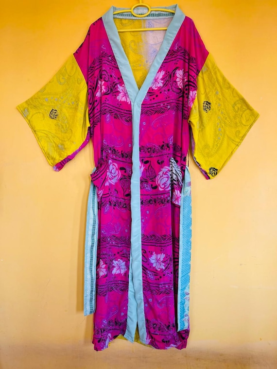 Vintage Boho Silk Kimono Robe: Patchwork Sari, Be… - image 9