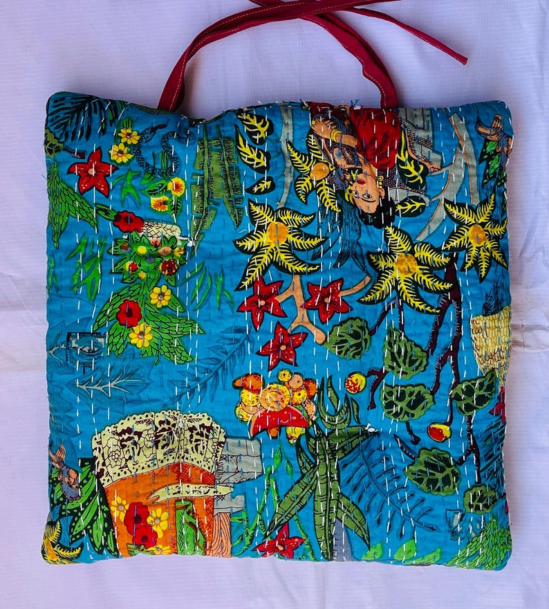 Handmade Kantha Chair Cushions With Ties, Dining Kitchen Comfy Chair