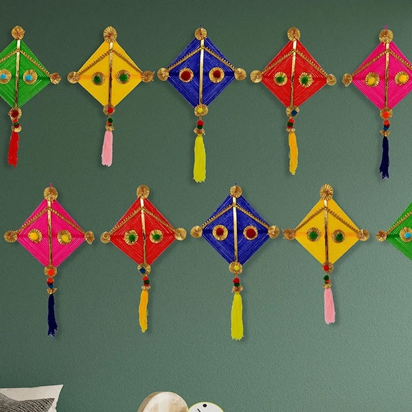 Cerf-volant coloré fait main en laine à suspendre pour mur/porte, décoration d'intérieur (lot de 10) décoration multicolore en forme de cerf-volant à suspendre