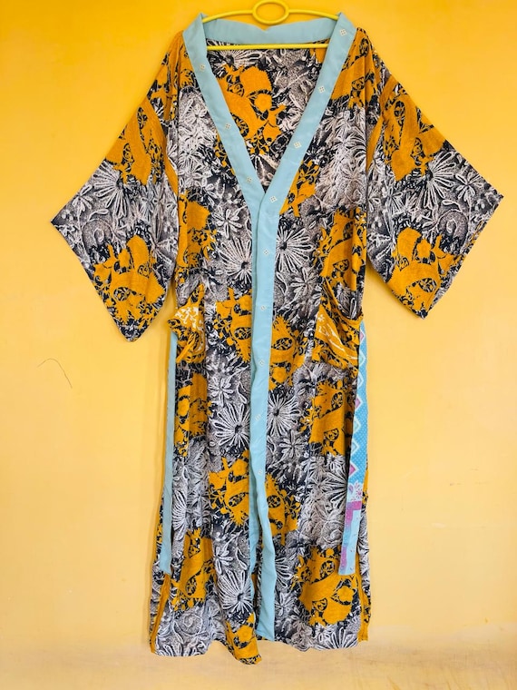 Vintage Boho Silk Kimono Robe: Patchwork Sari, Be… - image 10