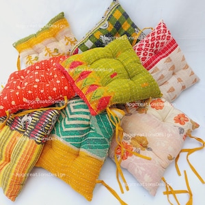 Handmade Kantha Chair Pad Set: Assorted Cotton Seat Cushions (15x15 Inches)