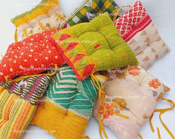 Handmade Kantha Cotton Chair Cushion: Assorted Floral Seat Pad