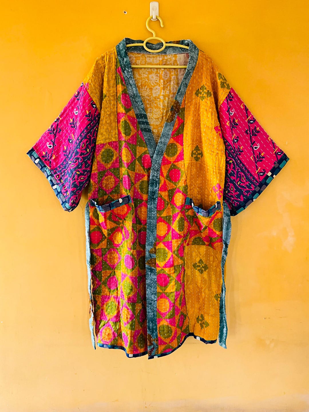 Kantha Robe Vintage Kantha Quilted Kimono Robe: Handmade Floral Cotton Jacket, Boho ...