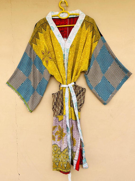 Yellow and Red Vintage Silk Sari Boho Kimono Old … - image 3