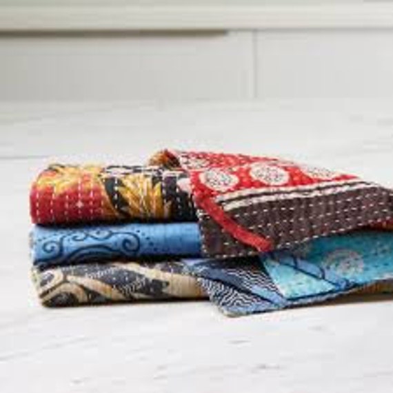 Double-Layered Recycled Cotton Tea Towels with Indian Saris Kantha Quilt Embroidery for Kitchen Dishes - Bohemian Boho Decor Set of 3