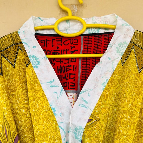 Yellow and Red Vintage Silk Sari Boho Kimono Old … - image 1