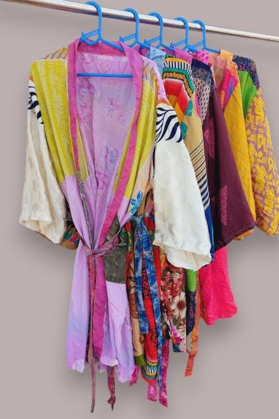 Vintage Boho Silk Kimono Robe: Patchwork Sari, Be… - image 1