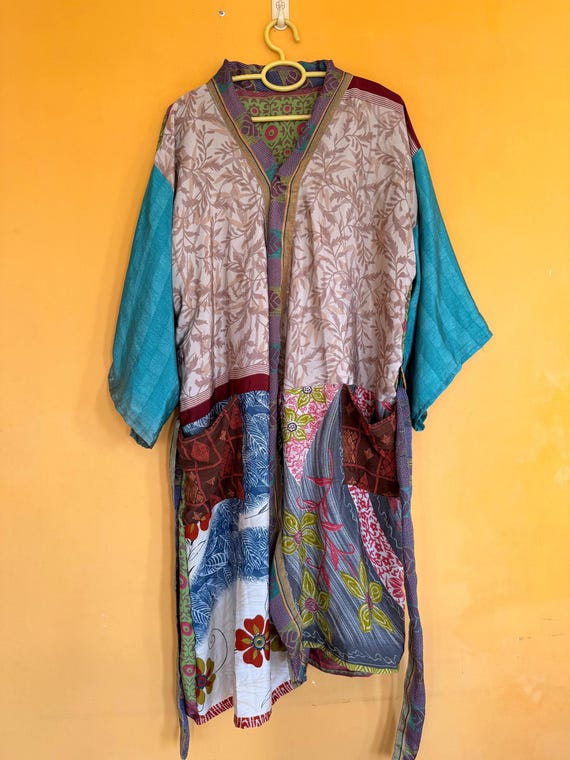 Patchwork Silk Kimono Duster: Beige Boho Robe, Vi… - image 2