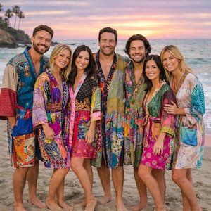 Set of 5 Floral Silk Sari Kimono Robes: Vintage Boho Patchwork