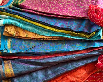 Recycled Silk Sari Fabric: Colorful Vintage Material for Crafting Quilting
