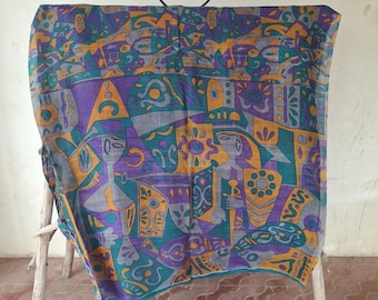 A kind of Vintage Indian Pure Blue Silk Saree – Floral Lightweight Boho Textile Fabric
