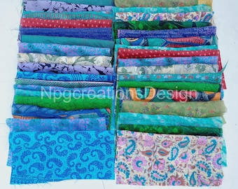 handmade Silk Fabric Scraps: 20 Pcs Vintage Sari Squares, Quilting Supply