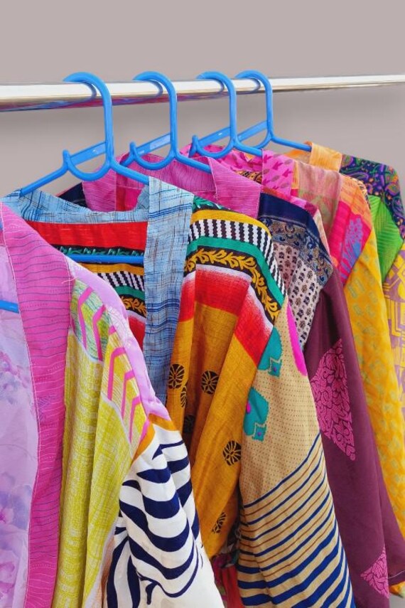 Vintage Boho Silk Kimono Robe: Patchwork Sari, Be… - image 2