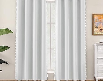 Unique White Set of 2 Silk Velvet Curtains,Door Curtains with pom pom Lace,Excellent Quality,Custom Size,Window Curtain Panel,Dining Curtain