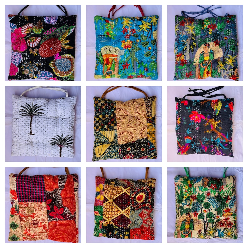 Assorted lot 5 Indian Handmade Vintage kantha Chair Cushions With Ties, Soft Chair Pads, Floral Cushion, CUSTOMIZED kantha chair Pad image 1