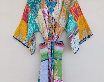 Handgjord Kantha Patchwork Kimono-morgonrock – Quilted bomull Boho Festivaljacka