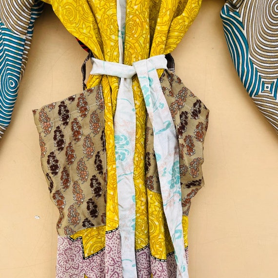 Yellow and Red Vintage Silk Sari Boho Kimono Old … - image 6
