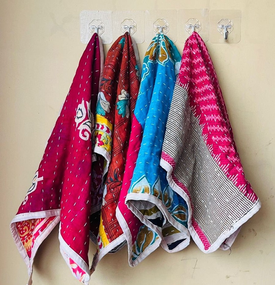 Artisanal Kantha Embroidered Towel Colourful Bohemian Home Decor