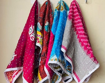 Artisanal kantha Embroidered Towel Colourful Bohemian Home Decor Kitchen towel, Kantha towel Vintage Soft towel, Cotton towel ,Set of 5 Pcs