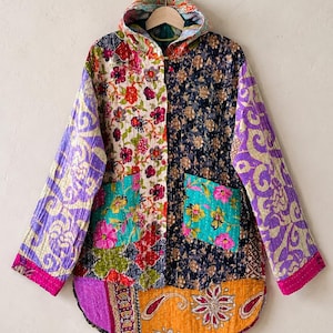 Vintage Kantha Hoodie set of 5 pcs – Patchwork Indian Cotton Boho Jacket for Women