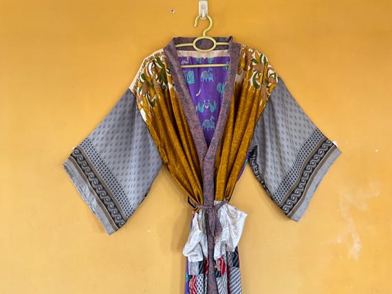 Boho Vintage Silk Saree Kimono Robe, Sustainable … - image 6