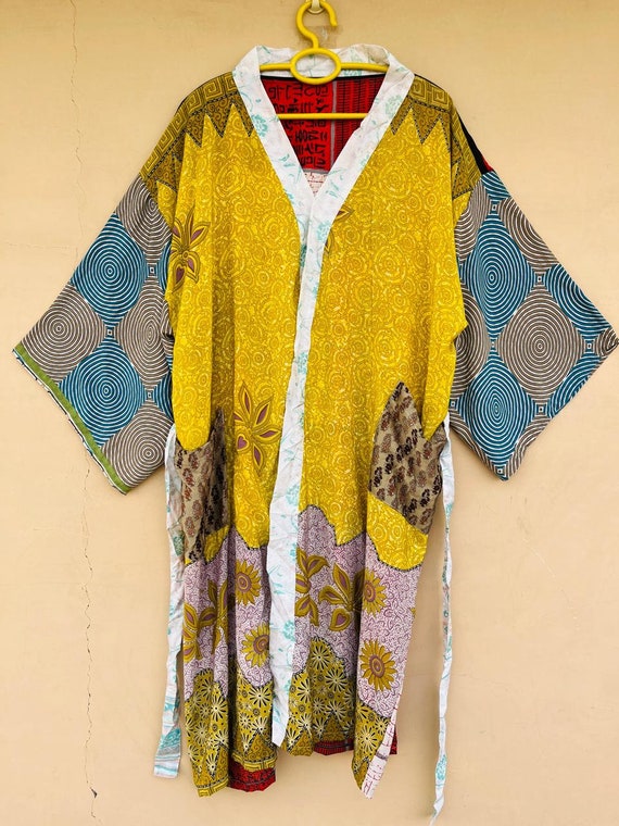 Yellow and Red Vintage Silk Sari Boho Kimono Old … - image 5
