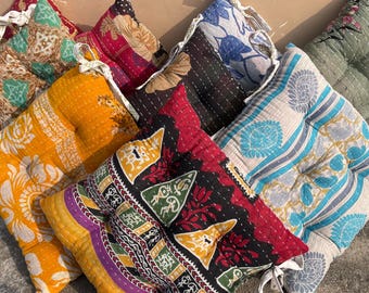 Handmade Vintage Bohemian Kantha Chair Pad – Recycled Indian Cotton Seat Cushion 15x15 inch