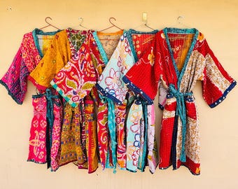 Boho Kantha Reversible Kimono Free Size : Assorted Vintage Cotton Robe Boho Style