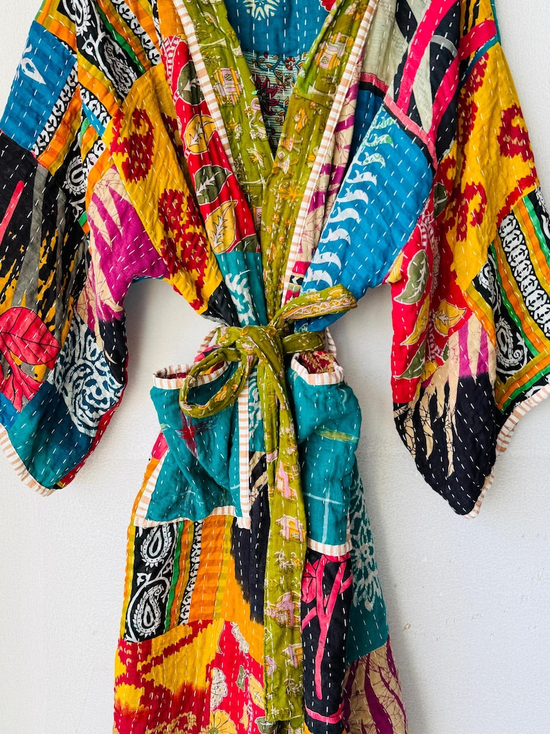 Kantha Robe Bohemian Kantha Cotton Robe: Handmade Quilted Kimono Jacket - Etsy