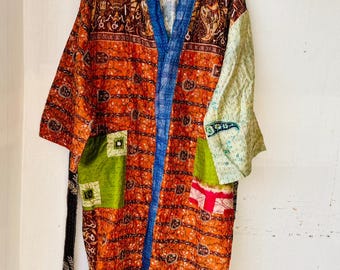 Handmade Silk Kantha Quilted Kimono Robe, Boho Patchwork Duster