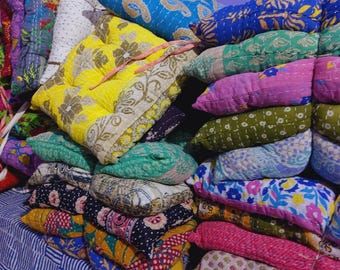 Handmade Kantha Chair Pad with Ties: 100% Cotton, 15x15 Inch