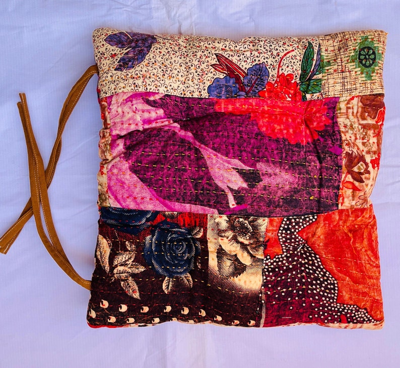 Assorted lot 5 Indian Handmade Vintage kantha Chair Cushions With Ties, Soft Chair Pads, Floral Cushion, CUSTOMIZED kantha chair Pad image 10