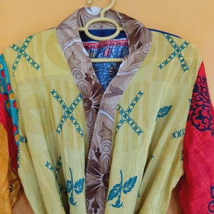 Vintage Boho Silk Kimono, Recycled Silk Sari Kimono Robe, Patchwork Robe, Night Wear,Beach Wear, Bikini pink kimono robe