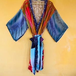 assorted Boho Silk Kimono Robe – Recycled Sari Patchwork Caftan for Women