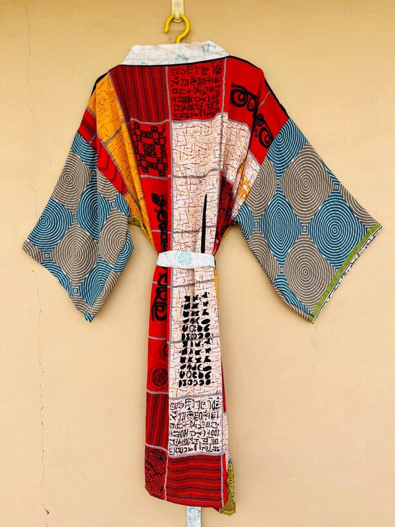 Yellow and Red Vintage Silk Sari Boho Kimono Old … - image 2