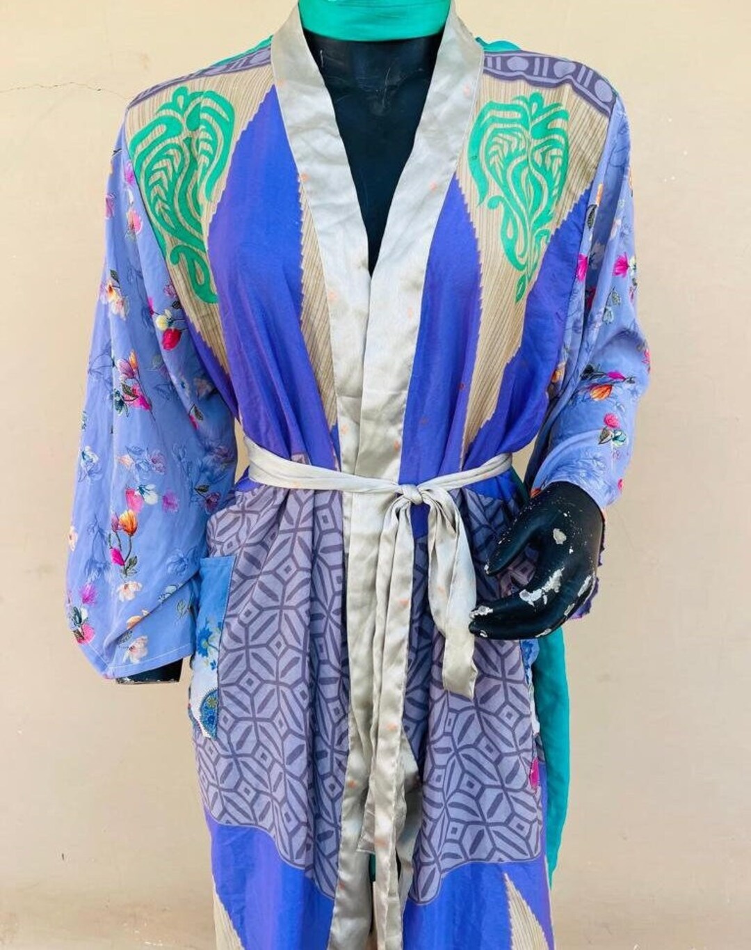 Blue Silk Robe Bridal Gift Blue Floral Silk Robe Silk Lounge Wear