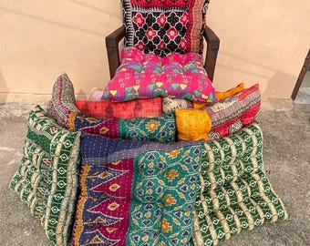 Handmade Kantha Chair Cushion with Ties Cotton Seat Pad sustainable eco friendly