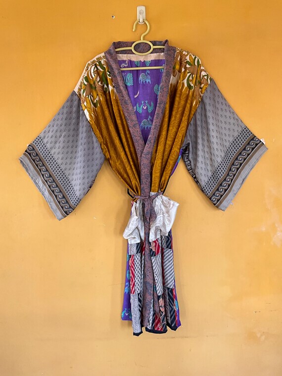 Boho Vintage Silk Saree Kimono Robe, Sustainable … - image 1