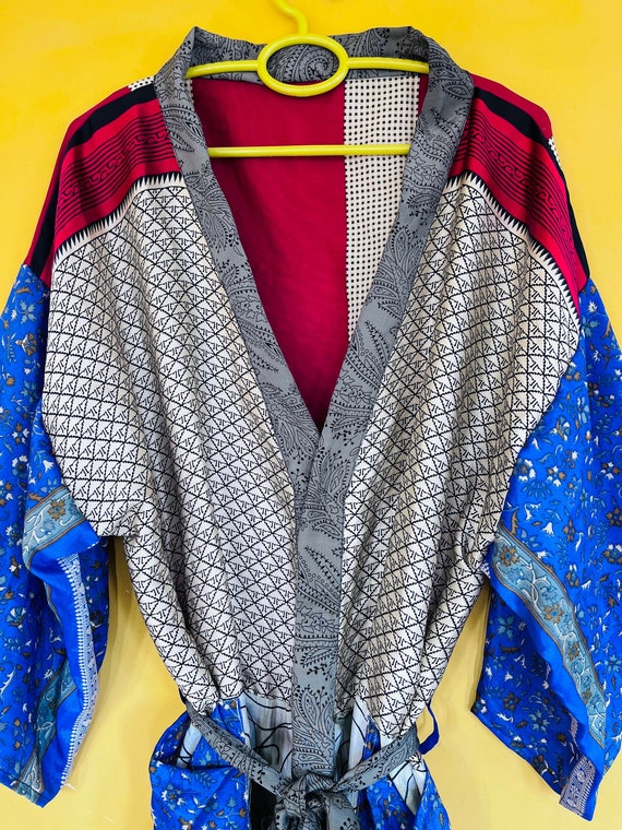 Boho Silk Saree Kimono Robe, Recycled Silk Sari K… - image 2