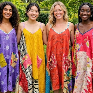 May include: Four sleeveless dresses with V-necklines and spaghetti straps. The dresses feature patchwork designs in purple, yellow, orange, and red, with various floral and geometric patterns, visible pockets, and loose, flowing silhouettes.