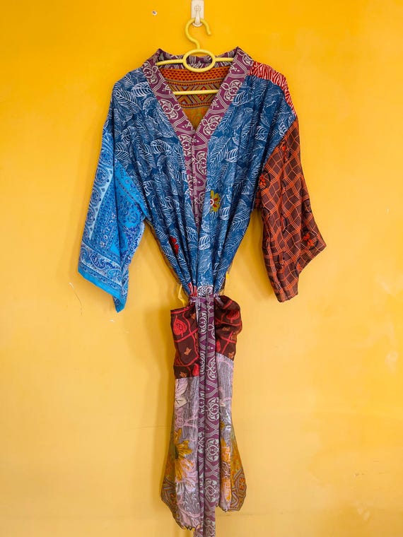 Patchwork Short Robe: Upcycled Silk Saree Kimono,… - image 4